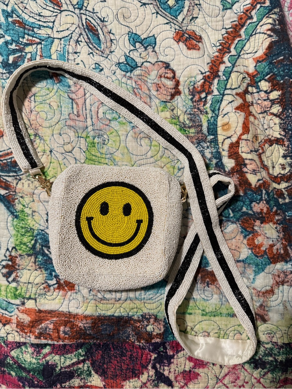 Altar'd State White Beaded Smiley Crossbody Bag with Yellow Accent